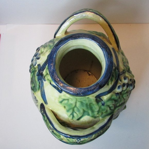 Vintage majolica glazed pottery vase with handle grape design home decor - Picture 9 of 10